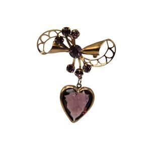 Vintage Amethyst Glass Heart Brooch Gold Tone Dangle Circa 1950s